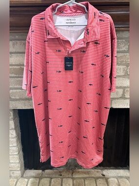 Crewcuts Coral Striped Polo with Navy Shark Print EUC